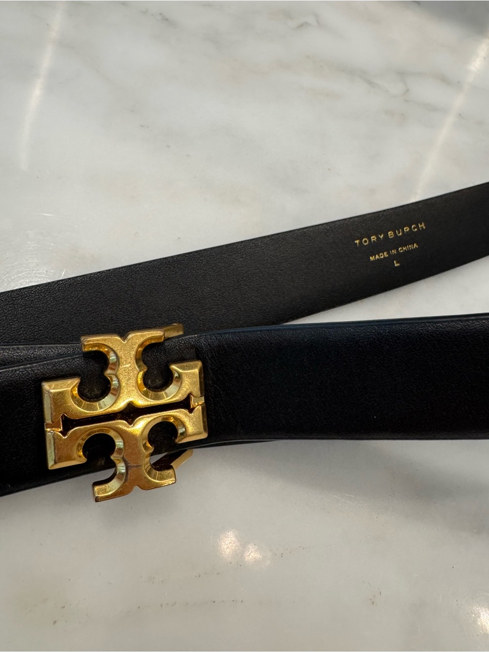 Tory Burch Black Smooth Leather Belt with Gold Stamp, size large - Picture 2 of 3